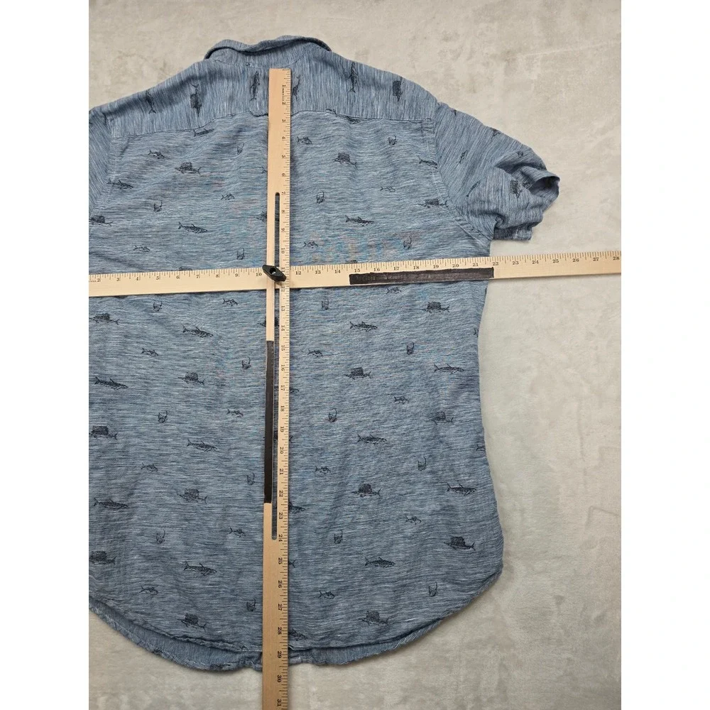 Banana Republic Slim Fit Linen Shirt Mens‎ Large Blue Shark Marlin Short Sleeve